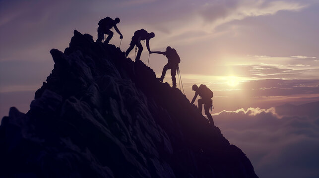 A group of people are climbing a mountain together. The sun is setting in the background, creating a warm and peaceful atmosphere. The group is working together to reach the top, showing teamwork