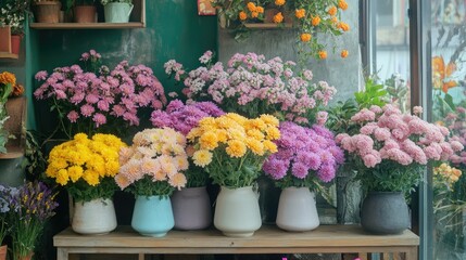 Fototapeta premium A cozy flower shop corner featuring chrysanthemums in various shades of pink, purple, and yellow, displayed in mismatched vases.
