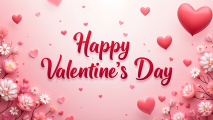 Happy Valentine's Day,  Pink Floral Background with Hearts
