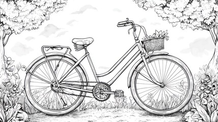 Elegant Line Drawing of a Bicycle with Basket in a Serene Outdoor Setting with Trees and Clouds