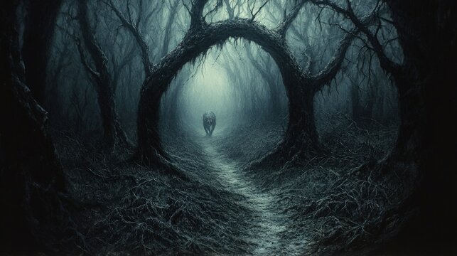 Dark forest path, ominous wolf approaches.