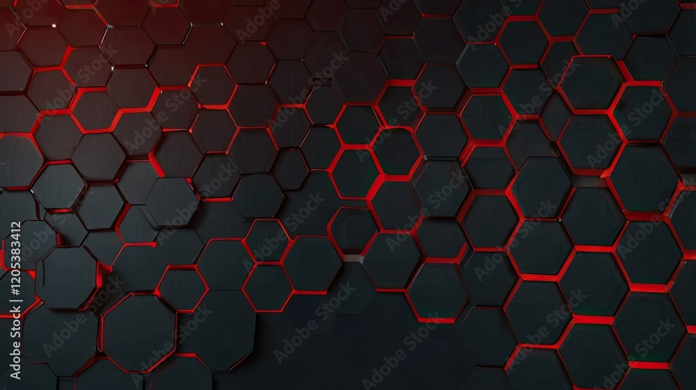 Poster intricate arrangement of hexagons in black and red creates a dynamic visual effect showcasing depth 