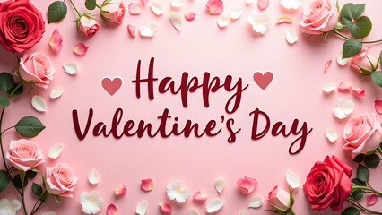 Happy Valentine's Day Roses Frame,  Pink Roses, Petals, and Romantic Greeting