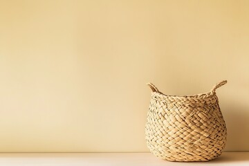 Obraz premium Stylish Straw Tote Bag Against a Soft Yellow Wall