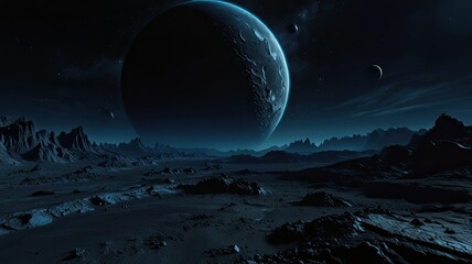 Luminous celestial bodies create an awe inspiring view with a giant planet in the night sky above a mysterious otherworldly landscape