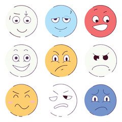 Hand-Drawn Emojis: Cute Black & White Circular Sketches art sad icon face happy symbol doodle vector