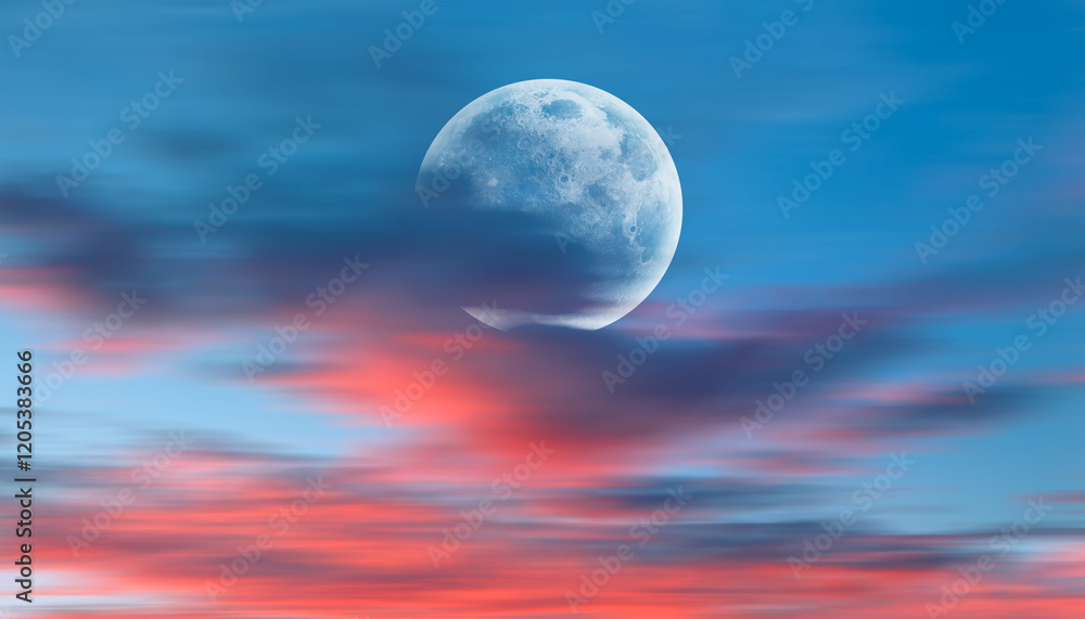 Poster night sky with full bright moon in the clouds 