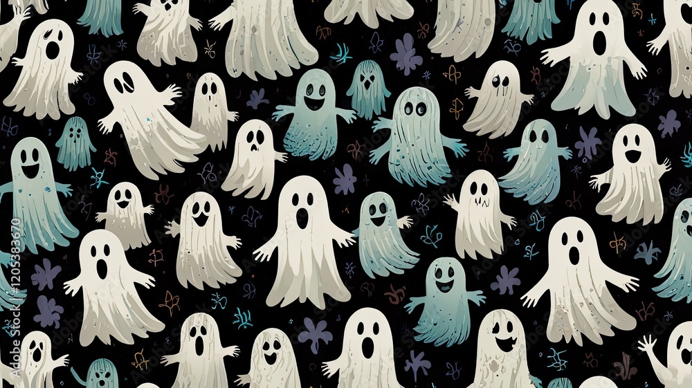 Poster whimsical ghost characters with different facial expressions appear in a playful arrangement against