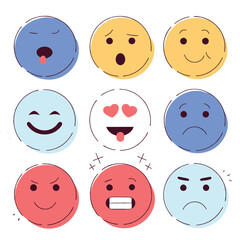 Hand-Drawn Circular Emojis: Black & White Sketch Icons art cute face faces round retro vector doodle