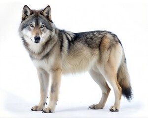 Obraz premium Majestic gray wolf standing on white background, wild timber wolf with thick fur, predatory gray wolf portrait for nature and wildlife education