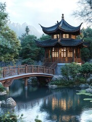 traditional Chinese architecture in the form of a grand pavilion with a detailed wooden structure, set in a picturesque park with tranquil waters