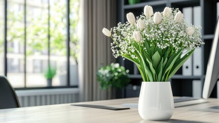A minimalist bouquet of tulips and baby's breath in a modern white vase, placed on a clean wooden desk with natural lighting.