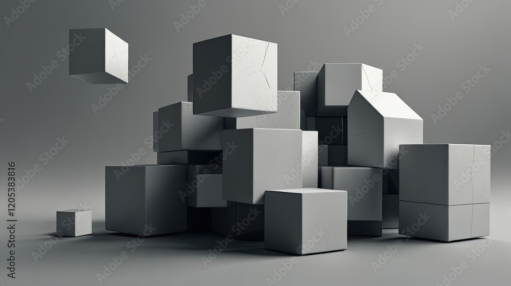 Poster a cluster of gray geometric cubes is positioned artistically in a studio setting showcasing depth an