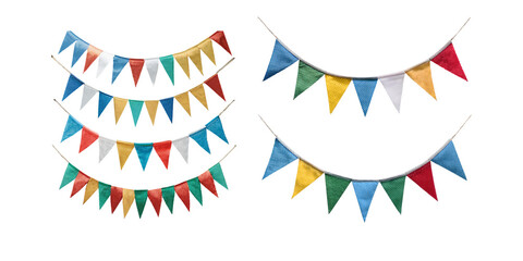 Triangle flag garland for birthday party banner. Fair string pennant bunting decoration to celebrate summer carnaval, png collection isolated on transparent background