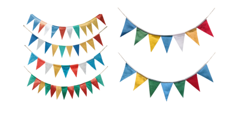 Triangle flag garland for birthday party banner. Fair string pennant bunting decoration to celebrate summer carnaval, png collection isolated on transparent background