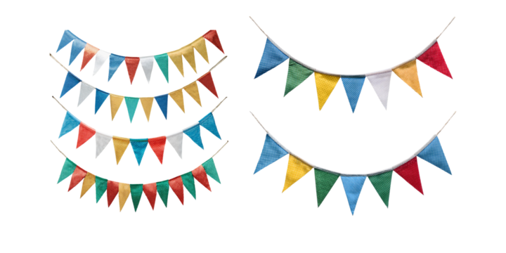 Triangle flag garland for birthday party banner. Fair string pennant bunting decoration to celebrate summer carnaval, png collection isolated on transparent background