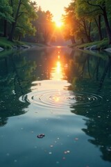 Naklejka premium Serene water surface reflected in stillness of morning light, mirror lake, stillness, peaceful morning