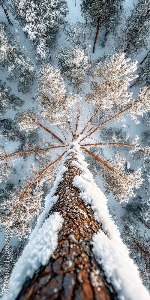 Poster pine tree snow-laden branches spreading out from its trunk, captured from a high vantage point