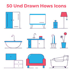 Charming Hand-Drawn Home Furnishing Icons: Interior Design Elements sofa lamp room cozy chair table 