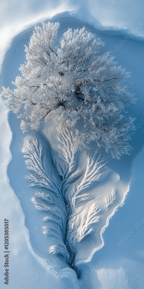 Poster frost-covered pine tree, viewed from above with its branches creating a dramatic pattern against the