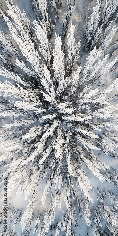 Poster frost-covered pine tree, viewed from above with its branches creating a dramatic pattern against the