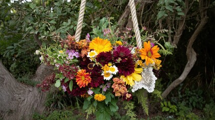 A whimsical arrangement of daisies, cosmos, and goldenrod tied with lace, displayed on a swing hanging from a tree in a lush garden.