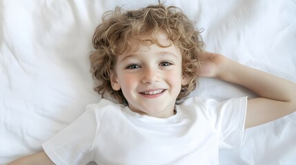 Happy child lying on white bedding, smiling.