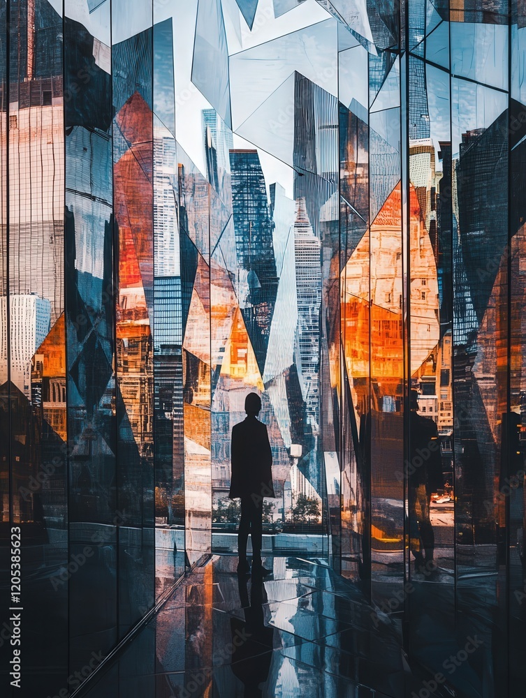 Poster fragmented reflections of an urban skyline on angular mirrored glass, forming a striking abstract pa
