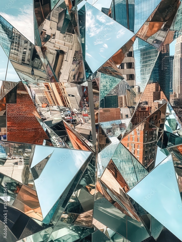 Poster fragmented reflections of an urban skyline on angular mirrored glass, forming a striking abstract pa