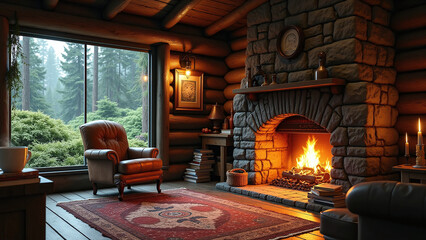 A cozy log cabin living room with a roaring fireplace and a view of the forest.