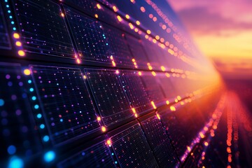 Fototapeta premium A vibrant digital landscape with glowing lights and pixels, depicting technology and innovation against a sunset backdrop.