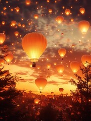 balloon festival at dusk, with glowing lantern-like balloons floating against a fiery orange sky