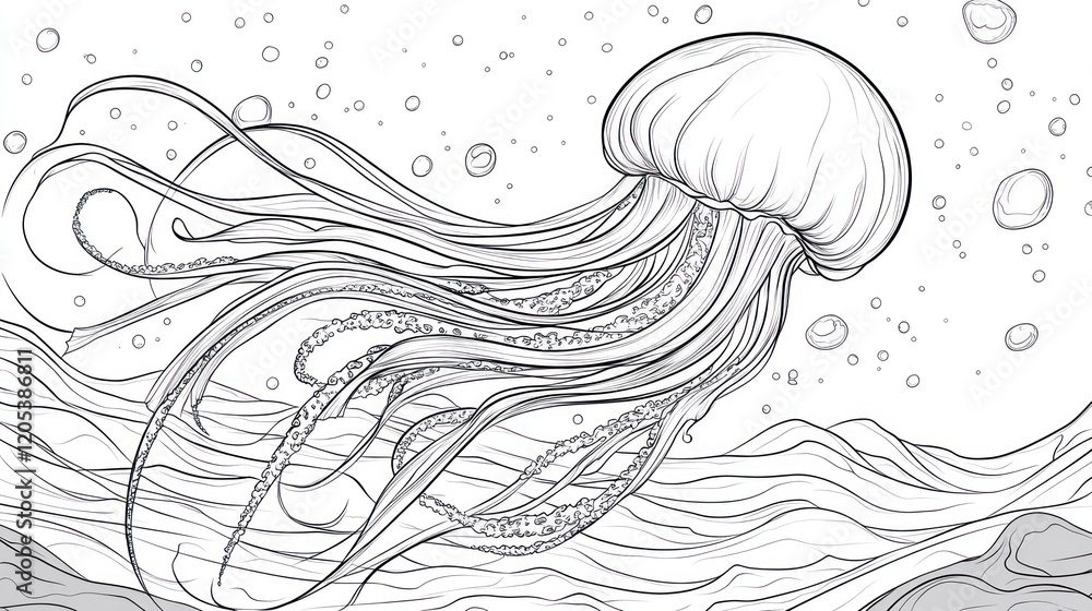 Poster jellyfish floating in the ocean with bubbles in a line drawing style
