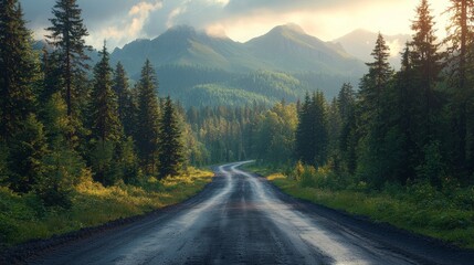 Naklejka premium Scenic mountain road through lush greenery
