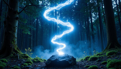 Obraz premium Electric blue lightning spiraling upward from a rock in a mystical forest setting 