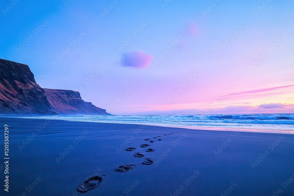 Poster tranquil beach scene at sunset with soft waves lapping against the shore and footprints leading towa