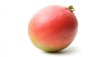 A ripe mango featuring a vibrant green leaf, resting on a clean white surface, showcasing its rich color and natural beauty.