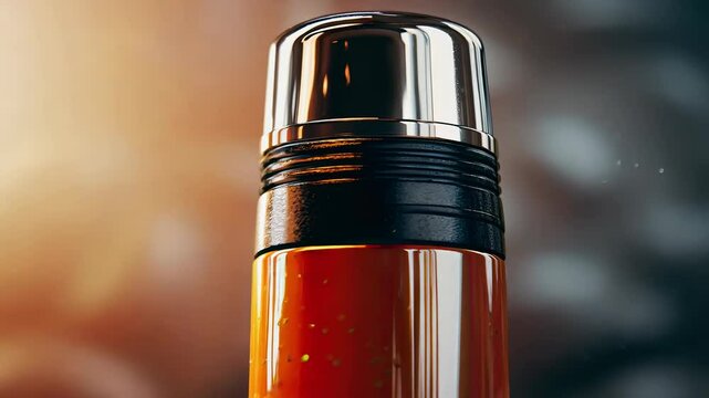 close-up of a stylish thermos with droplets on a sleek surface