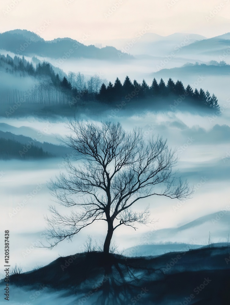 Poster lonely tree with bare branches stands in the middle of a foggy field, its silhouette fading into the