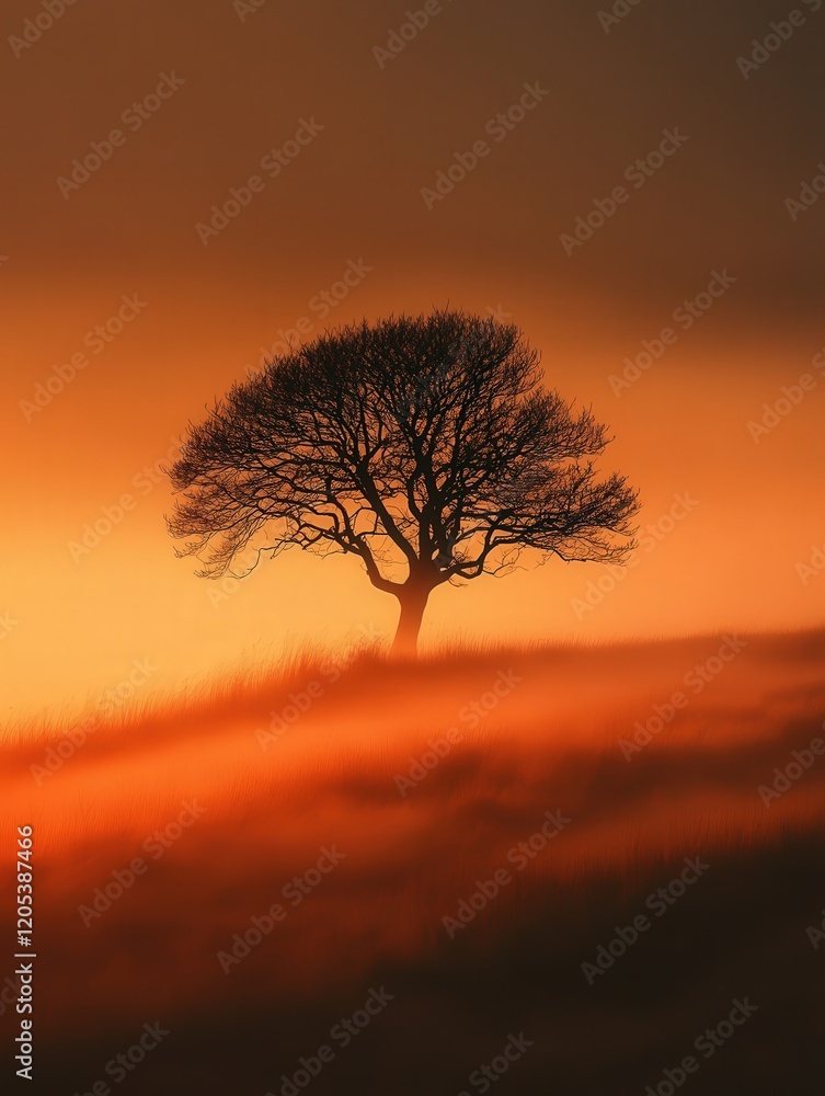 Poster lonely tree with bare branches stands in the middle of a foggy field, its silhouette fading into the