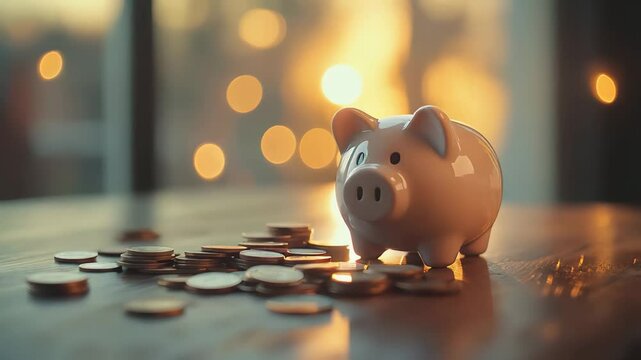 White piggy bank standing on a wooden table with scattered coins in the golden light of sunset, symbolizing saving, investment, and financial planning for future goals
