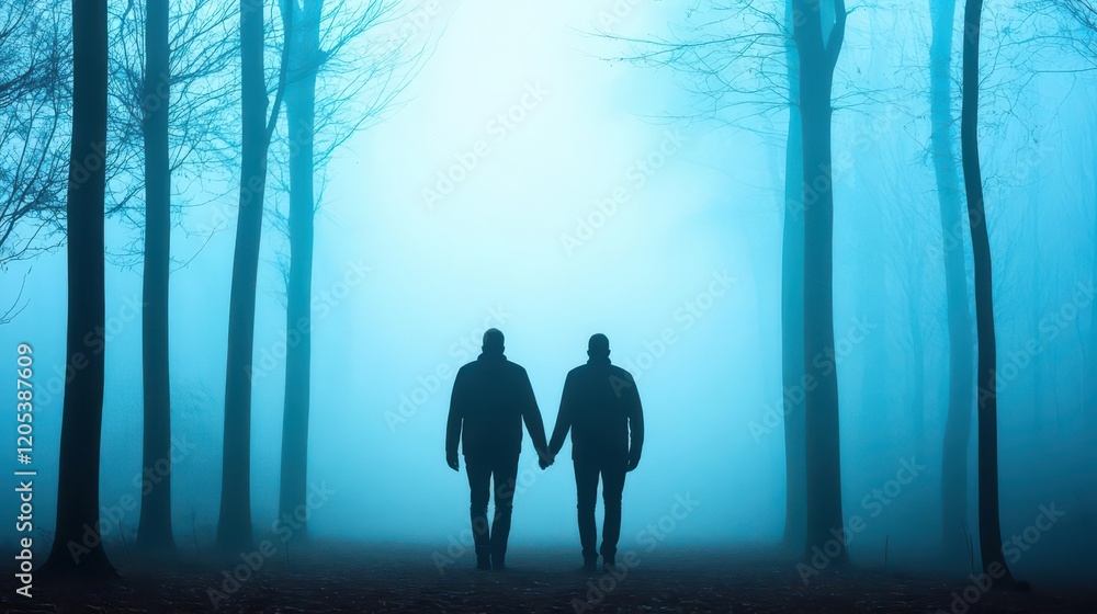 Poster Mysterious Figures Strolling Through Enigmatic Foggy Forest Surrounded by Towering Trees Creating an Atmospheric and Serene Natural Experience