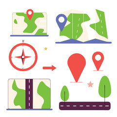 Hand-Drawn Navigation Icons: Map Symbols & Elements for Design Projects gps pin path road arrow route