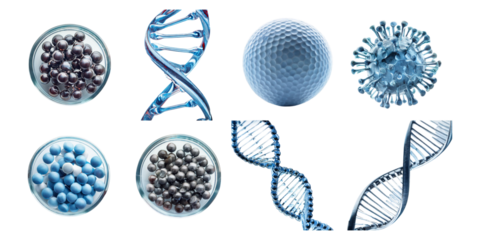 DNA helixes and microscopic cell structures isolated on transparent background