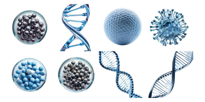 DNA helixes and microscopic cell structures isolated on transparent background