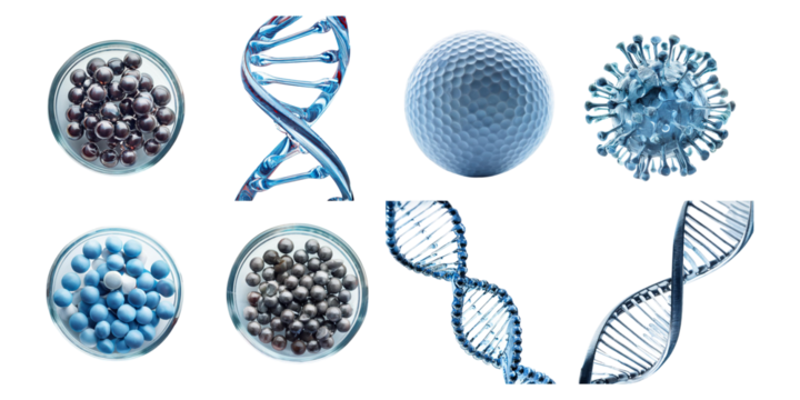 DNA helixes and microscopic cell structures isolated on transparent background