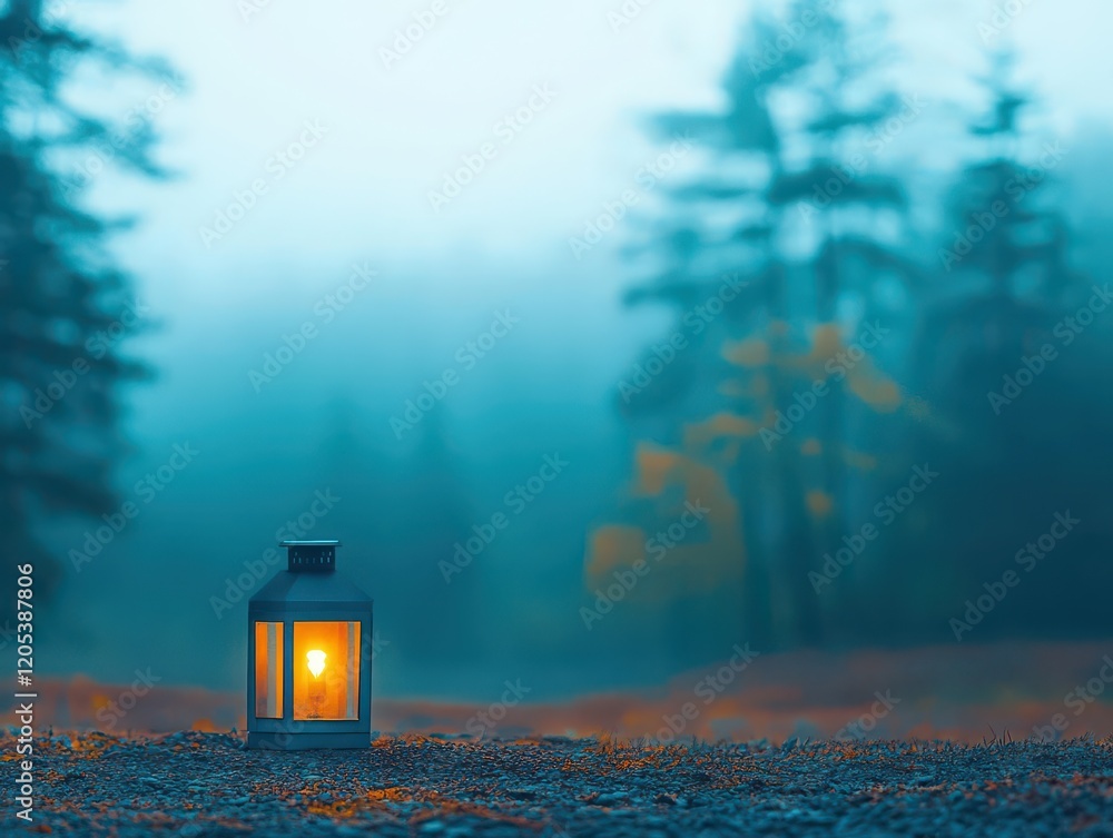 Poster A solitary lantern glowing softly amidst a tranquil forest at dusk illuminating the surrounding trees creating a serene and mystical atmosphere
