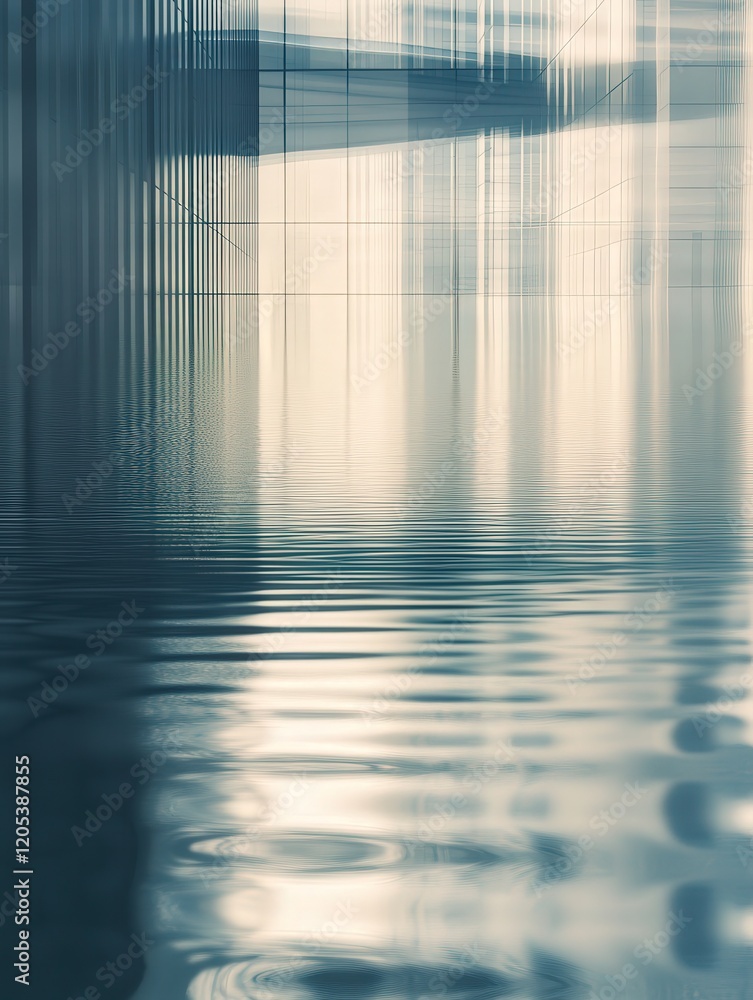 Poster architecture reflecting on water, blending rigid structures with the softness of natural ripples
