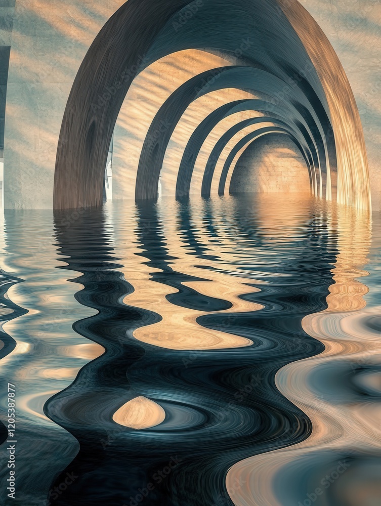 Poster architecture reflecting on water, blending rigid structures with the softness of natural ripples