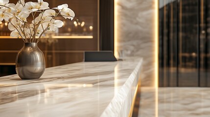 A close-up of a luxurious hotel reception area featuring marble surfaces and elegant floral arrangements, epitomizing sophistication Copy space for text 